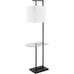 Outlet 😉 Surya Tamron 1-Light Modern Linen And Glass Floor Lamp In Black/Clear 😍
