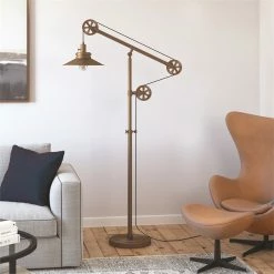 Best Sale 😍 Maklaine Industrial Metal Wide Brim Pulley Floor Lamp In Brushed Brass 🔔 -Henn&Hart shop 2575371 10 L