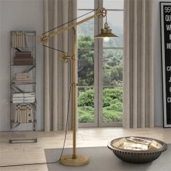 Best Sale 😍 Maklaine Industrial Metal Wide Brim Pulley Floor Lamp In Brushed Brass 🔔 -Henn&Hart shop 2575371 6 L