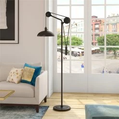 Promo 💯 Maklaine Industrial Metal Pulley Floor Lamp With Metal Shade In Blackened Bronze ❤️ -Henn&Hart shop 2575409 1 L