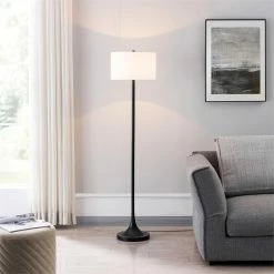 Promo 😍 Maklaine Modern 61.5" Metal Floor Lamp With Fabric Drum Shade In Black/Bronze ✔️ -Henn&Hart shop 2575444 3 L