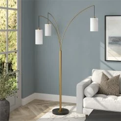 New 🤩 Maklaine Contemporary 3-Light Brass Finish Floor Lamp With Black/Bronze Base 🧨 -Henn&Hart shop 2575508 4 L