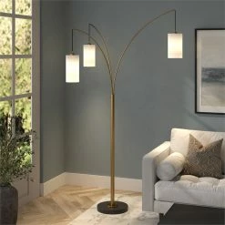 New 🤩 Maklaine Contemporary 3-Light Brass Finish Floor Lamp With Black/Bronze Base 🧨 -Henn&Hart shop 2575508 8 L