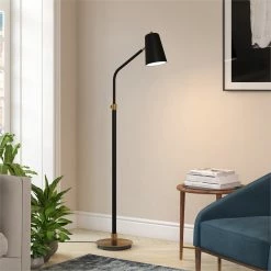 Deals 👍 Allora Mid-Century Height Adjustable Floor Lamp In Black And Brass 🔥 -Henn&Hart shop 2575682 2 L