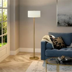 Promo 🛒 Henn&Hart 16" Brushed Brass Metal/Fabric Floor Lamp 😉 -Henn&Hart shop 2625153 7 L